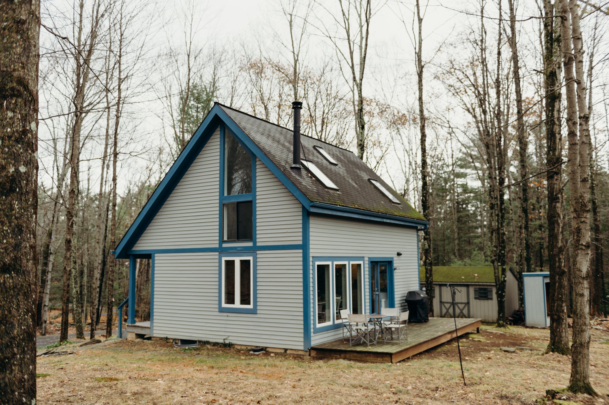 Blue House with small back deck nestled in wooded area of the Catskills